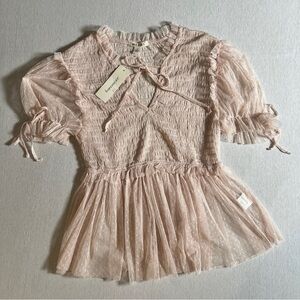 NWT Baby Pink Cottage Core Sheer Tulle Puff Sleeve Blouse, Ballet Blush, Small